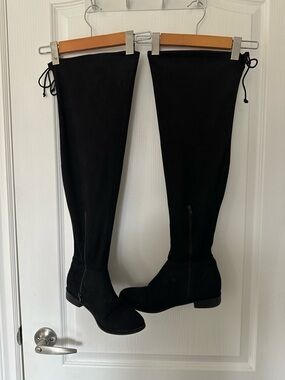 EUC Over-the-Knee Black Suede Style Flat Heel Boots Tie Back Minimalist Sz 10